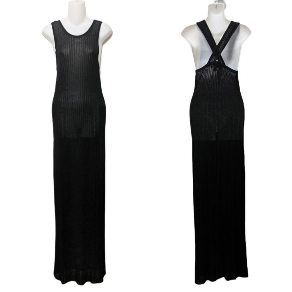 Black Maxi Ribbed Tank Dress with Cross-Back Straps